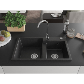 Mexen Tomas 2miskový granitový drez 800 x 500 mm, čierna / strieborná metalíza, chrómový sifón - 6516802000-73
