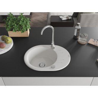 Mexen Kevin 1miskový granitový drez s odkvapkávačom 586 x 458 mm, biely, chrómový sifón - 6517581005-20