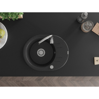 Mexen Kevin 1miskový granitový drez s odkvapkávačom 586 x 458 mm, čierna / strieborná metalíza, chrómový sifón - 6517581005-73