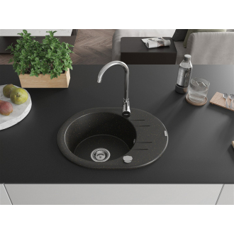Mexen Kevin 1miskový granitový drez s odkvapkávačom 586 x 458 mm, čierna / zlatá metalíza, chrómový sifón - 6517581005-75
