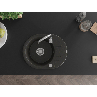 Mexen Kevin 1miskový granitový drez s odkvapkávačom 586 x 458 mm, čierna / zlatá metalíza, chrómový sifón - 6517581005-75