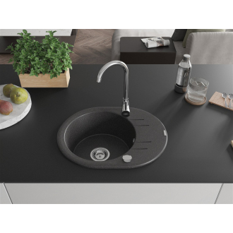 Mexen Kevin 1miskový granitový drez s odkvapkávačom 586 x 458 mm, melír čierny, chrómový sifón - 6517581005-76