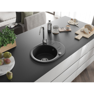 Mexen Kevin 1miskový granitový drez s odkvapkávačom 586 x 458 mm, čierny, chrómový sifón - 6517581005-77