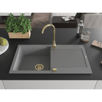 Mexen Leo granitový drez 1miska s odkvapkávačom 900 x 500 mm, sivý, zlatý sifón - 6501901010-71-G