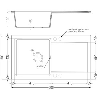 Mexen Leo granitový drez 1miska s odkvapkávačom 900 x 500 mm, sivý, zlatý sifón - 6501901010-71-G