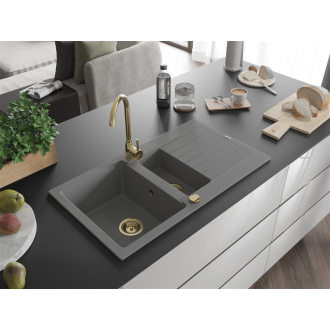 Mexen Matias granitový drez, 1,5-miska, odkvapkávač, 900 x 505 mm, sivý, zlatý sifón - 6502901505-71-G