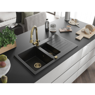 Mexen Matias granitový drez 1,5 miska s odkvapkávačom 900 x 505 mm, čierna/strieborná metalíza, zlatý sifón - 6502901505-73-G