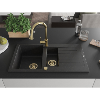 Mexen Matias granitový drez 1,5 miska s odkvapkávačom 900 x 505 mm, čierna/strieborná metalíza, zlatý sifón - 6502901505-73-G