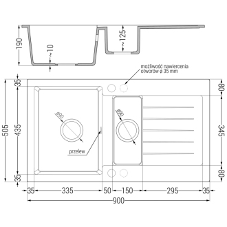 Mexen Matias granitový drez 1,5 miska s odkvapkávačom 900 x 505 mm, čierna/strieborná metalíza, zlatý sifón - 6502901505-73-G