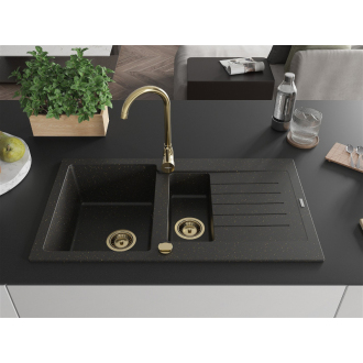Mexen Matias granitový drez 1,5 misky s odkvapkávačom 900 x 505 mm, čierna/zlatá metalíza, zlatý sifón - 6502901505-75-G