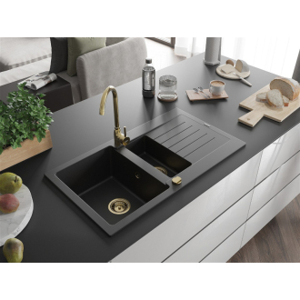 Mexen Matias granitový drez 1,5 misky s odkvapkávačom 900 x 505 mm, čierny, zlatý sifón - 6502901505-77-G