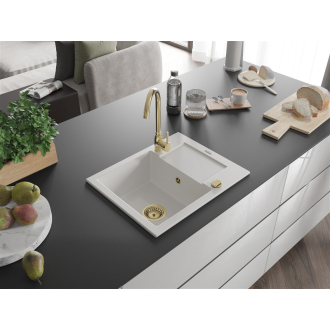 Mexen Enzo 1miskový granitový drez s odkvapkávačom 576 x 465 mm, biely, zlatý sifón - 6506571005-20-G