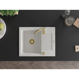 Mexen Enzo 1miskový granitový drez s odkvapkávačom 576 x 465 mm, biely, zlatý sifón - 6506571005-20-G