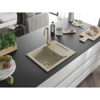 Mexen Enzo 1miskový granitový drez s odkvapkávačom 576 x 465 mm, béžový, zlatý sifón - 6506571005-69-G
