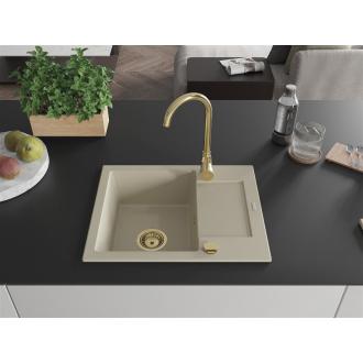 Mexen Enzo 1miskový granitový drez s odkvapkávačom 576 x 465 mm, béžový, zlatý sifón - 6506571005-69-G