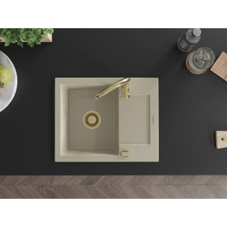 Mexen Enzo 1miskový granitový drez s odkvapkávačom 576 x 465 mm, béžový, zlatý sifón - 6506571005-69-G