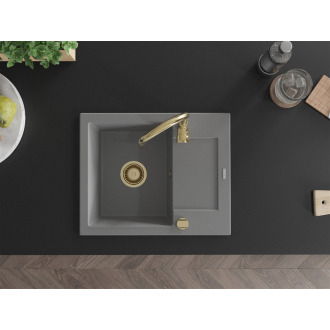 Mexen Enzo 1miskový granitový drez s odkvapkávačom 576 x 465 mm, sivý, zlatý sifón - 6506571005-71-G