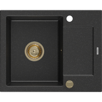Mexen Enzo 1miskový granitový drez s odkvapkávačom 576 x 465 mm, čierna / strieborná metalíza, zlatý sifón - 6506571005-73-G