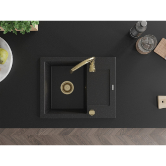 Mexen Enzo 1miskový granitový drez s odkvapkávačom 576 x 465 mm, čierna / strieborná metalíza, zlatý sifón - 6506571005-73-G