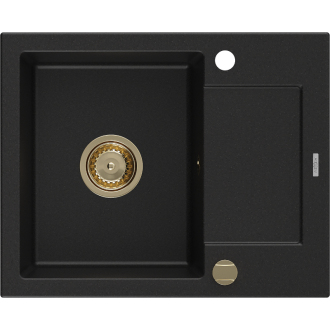 Mexen Enzo 1miskový granitový drez s odkvapkávačom 576 x 465 mm, čierny, zlatý sifón - 6506571005-77-G