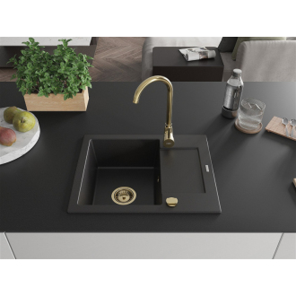 Mexen Enzo 1miskový granitový drez s odkvapkávačom 576 x 465 mm, čierny, zlatý sifón - 6506571005-77-G