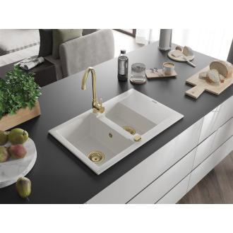 Mexen Gaspar 1,5-miskový granitový drez s odkvapkávačom 737 x 475 mm, biely, zlatý sifón - 6507731505-20-G