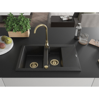 Mexen Gaspar 1,5-miskový granitový drez s odkvapkávačom 737 x 475 mm, čierna/strieborná metalíza, zlatý sifón - 6507731505-73-G