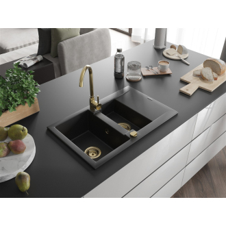 Mexen Gaspar 1,5-miskový granitový drez s odkvapkávačom 737 x 475 mm, čierny, zlatý sifón - 6507731505-77-G