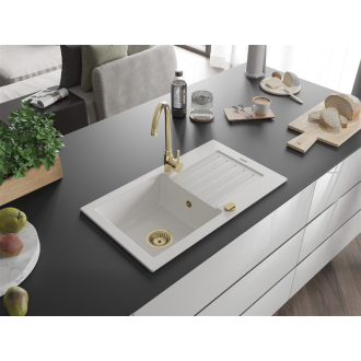 Mexen Pablo 1miskový granitový drez s odkvapkávačom 752 x 436 mm, biely, zlatý sifón - 6510751010-20-G