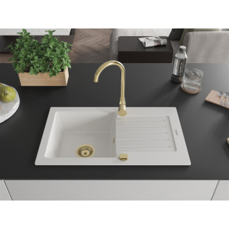 Mexen Pablo 1miskový granitový drez s odkvapkávačom 752 x 436 mm, biely, zlatý sifón - 6510751010-20-G
