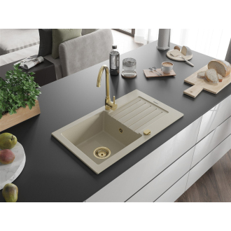 Mexen Pablo 1miskový granitový drez s odkvapkávačom 752 x 436 mm, béžový, zlatý sifón - 6510751010-69-G