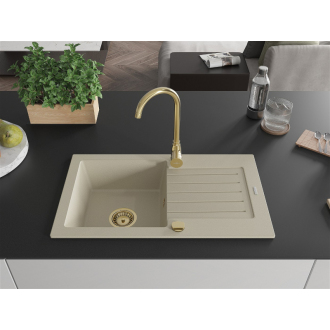 Mexen Pablo 1miskový granitový drez s odkvapkávačom 752 x 436 mm, béžový, zlatý sifón - 6510751010-69-G