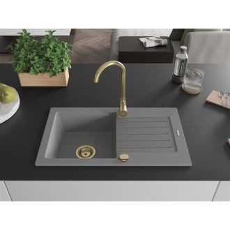 Mexen Pablo 1miskový granitový drez s odkvapkávačom 752 x 436 mm, sivý, zlatý sifón - 6510751010-71-G