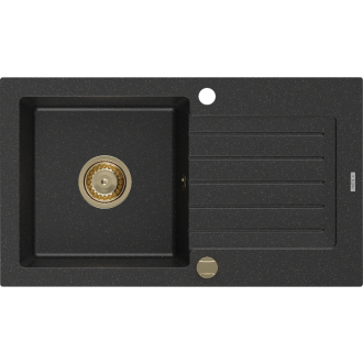 Mexen Pablo 1miskový granitový drez s odkvapkávačom 752 x 436 mm, čierna / strieborná metalíza, zlatý sifón - 6510751010-73-G