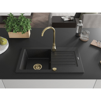 Mexen Pablo 1miskový granitový drez s odkvapkávačom 752 x 436 mm, čierna / strieborná metalíza, zlatý sifón - 6510751010-73-G