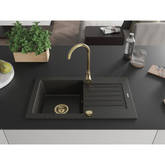 Mexen Pablo 1miskový granitový drez s odkvapkávačom 752 x 436 mm, čierna / zlatá metalíza, zlatý sifón - 6510751010-75-G