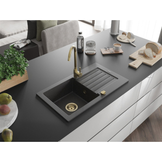 Mexen Pablo 1miskový granitový drez s odkvapkávačom 752 x 436 mm, melír čierny, zlatý sifón - 6510751010-76-G