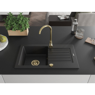 Mexen Pablo 1miskový granitový drez s odkvapkávačom 752 x 436 mm, čierny, zlatý sifón - 6510751010-77-G