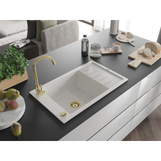 Mexen Elias 1miskový granitový drez s odkvapkávačom 795 x 480 mm, biely, zlatý sifón - 6511791005-20-G