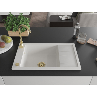 Mexen Elias 1miskový granitový drez s odkvapkávačom 795 x 480 mm, biely, zlatý sifón - 6511791005-20-G