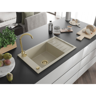 Mexen Elias 1miskový granitový drez s odkvapkávačom 795 x 480 mm, béžový, zlatý sifón - 6511791005-69-G