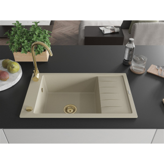 Mexen Elias 1miskový granitový drez s odkvapkávačom 795 x 480 mm, béžový, zlatý sifón - 6511791005-69-G