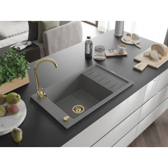Mexen Elias 1miskový granitový drez s odkvapkávačom 795 x 480 mm, sivý, zlatý sifón - 6511791005-71-G