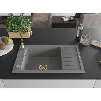 Mexen Elias 1miskový granitový drez s odkvapkávačom 795 x 480 mm, sivý, zlatý sifón - 6511791005-71-G