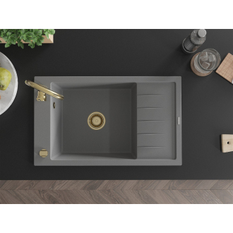 Mexen Elias 1miskový granitový drez s odkvapkávačom 795 x 480 mm, sivý, zlatý sifón - 6511791005-71-G