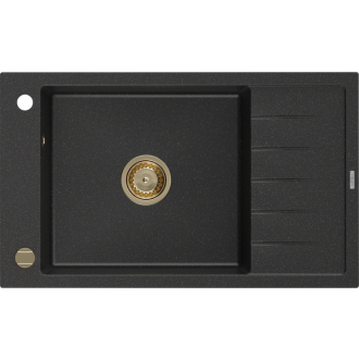 Mexen Elias 1miskový granitový drez s odkvapkávačom 795 x 480 mm, čierna / strieborná metalíza, zlatý sifón - 6511791005-73-G
