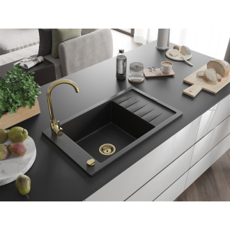 Mexen Elias 1miskový granitový drez s odkvapkávačom 795 x 480 mm, čierna / strieborná metalíza, zlatý sifón - 6511791005-73-G