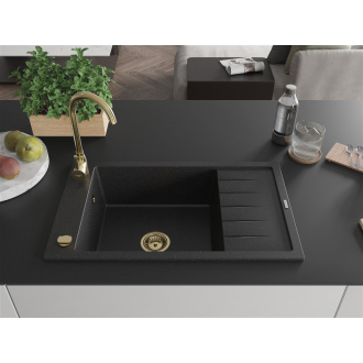 Mexen Elias 1miskový granitový drez s odkvapkávačom 795 x 480 mm, čierna / strieborná metalíza, zlatý sifón - 6511791005-73-G