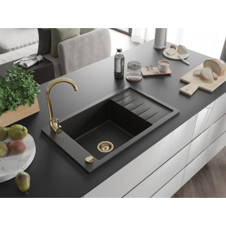 Mexen Elias 1-miskový granitový drez s odkvapkávačom 795 x 480 mm, čierna/zlatá metalíza, zlatý sifón - 6511791005-75-G