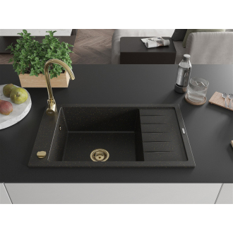 Mexen Elias 1-miskový granitový drez s odkvapkávačom 795 x 480 mm, čierna/zlatá metalíza, zlatý sifón - 6511791005-75-G